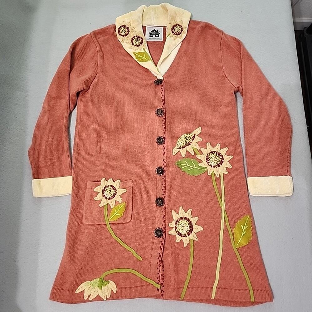 Storybook Knits M Sunflower Long Sweater Cardigan Pumpkin Orange Sequins Beads‎